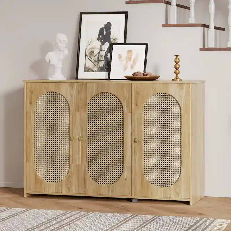 Brown/White/Natural Wood/Antique Black Rattan 3-Door Sideboard Cabinet