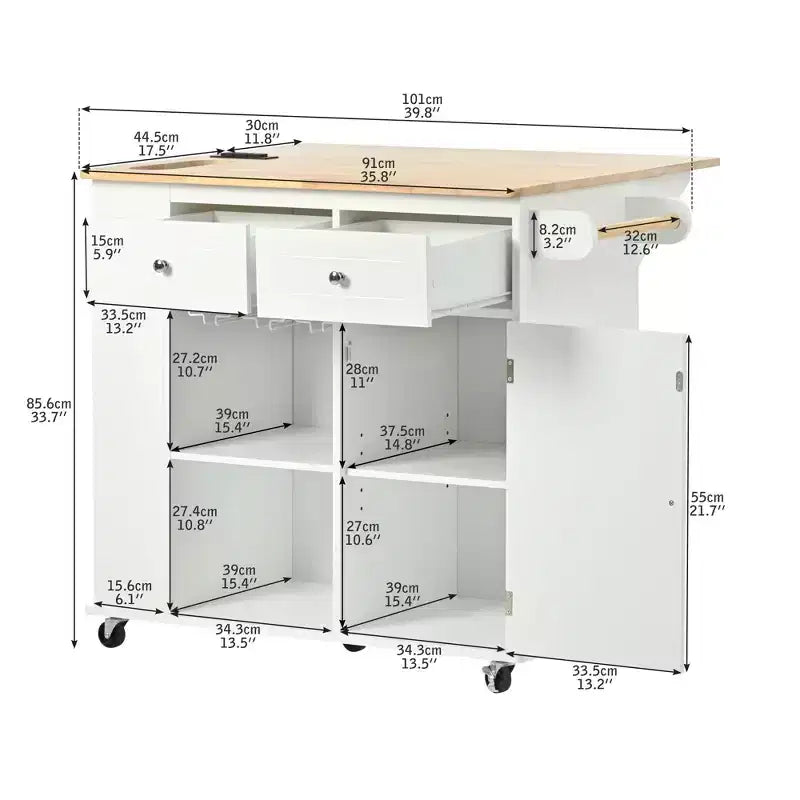 Rolling Kitchen Island with Drop Leaf and Power Outlet