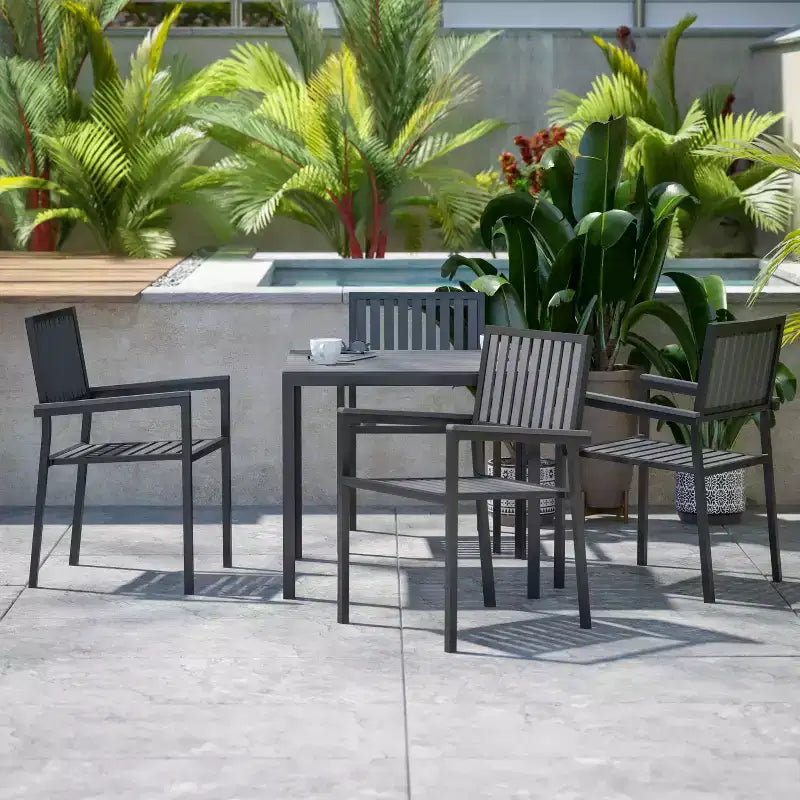 Flash Furniture Harris 5 Piece Commercial Indoor/Outdoor Table and Chairs with Black Poly Resin Slatted Backs and Seats