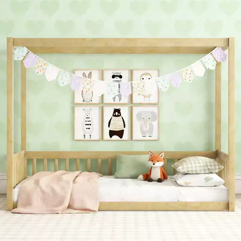 Luxystar Twin Canopy Frame Floor Bed with Fence