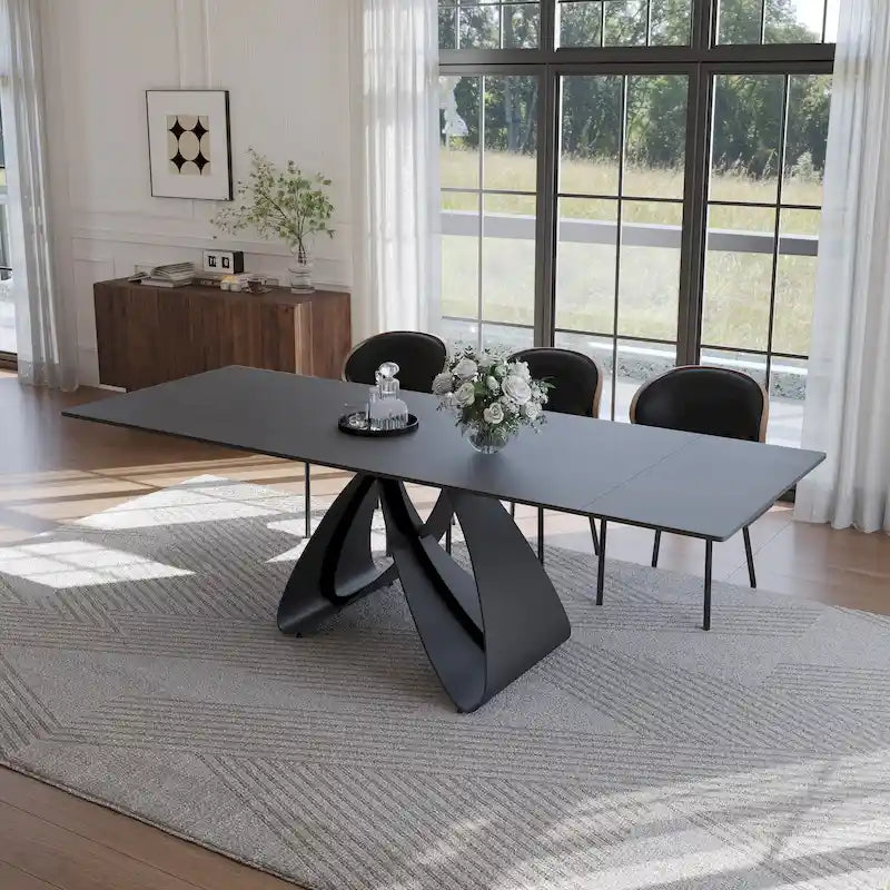 63-95 Extendable Dining Table for 6-10, Matte Black Sintered Stone Top with Carbon Steel Legs