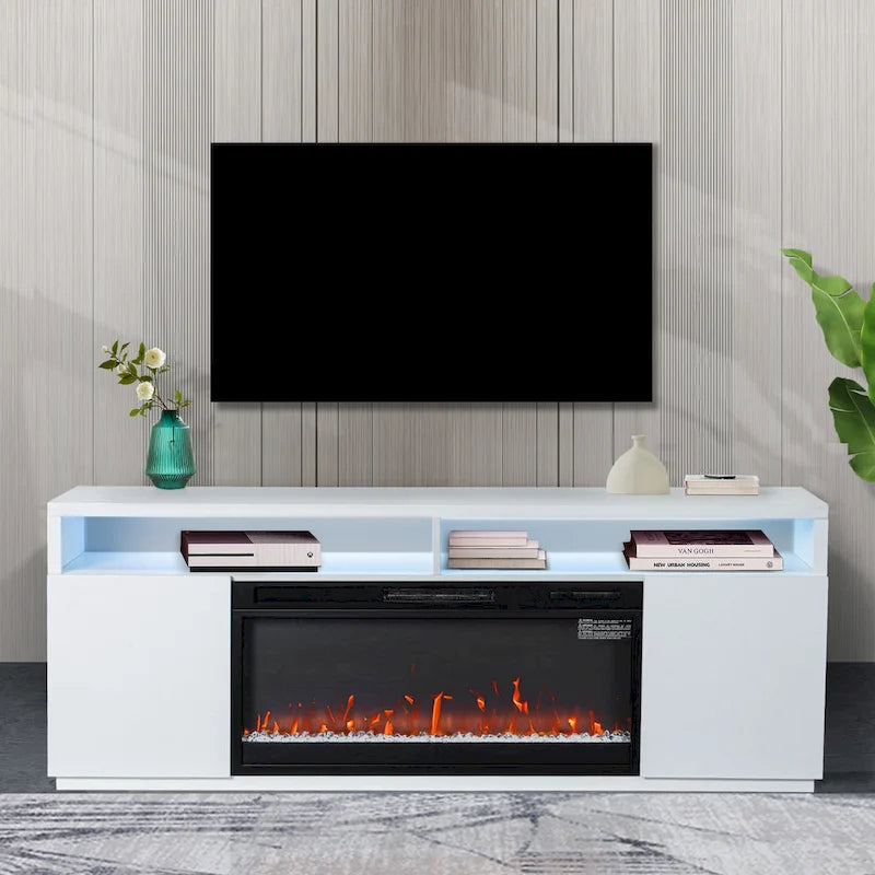 68-Inch Modern White TV Stand Console with 36-Inch 3D Electric Fireplace
