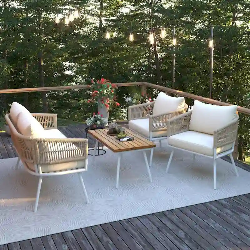 4-Pieces Rope Patio Conversation Set with Wooden Table & Cushion