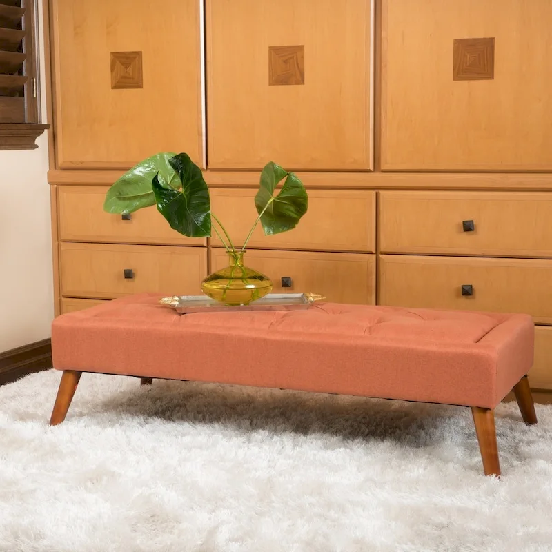 Tufted Fabric Ottoman Bench with Wooden Legs