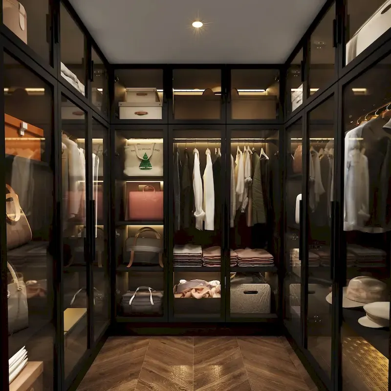 Armoire de rangement avec éclairage LED et portes entièrement vitrées, style dressing.