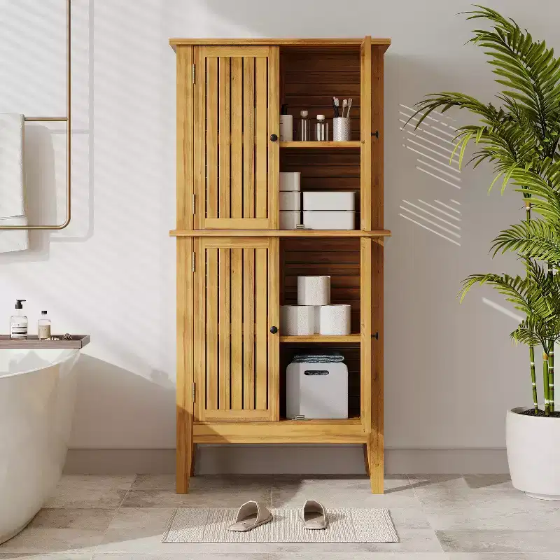 Indoor/Outdoor Acacia Wood Storage Cabinet with Shelves and Louvered Doors, 61.8