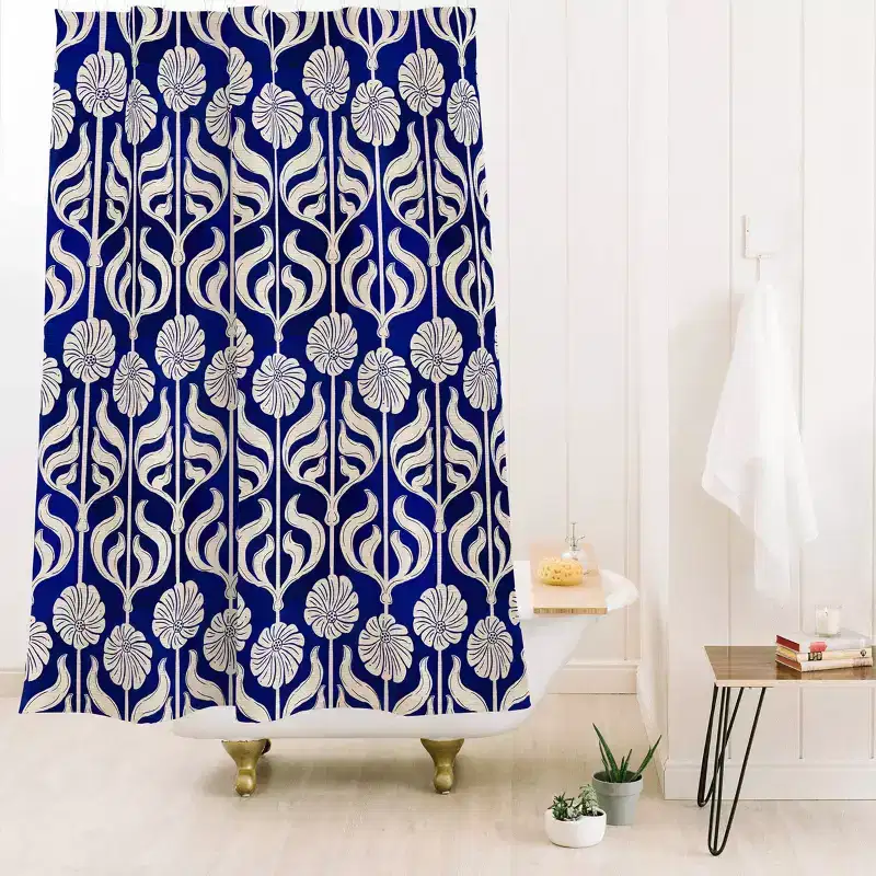 Deny Designs Showmemars Art Deco Florals on Dark Blue Shower Curtain