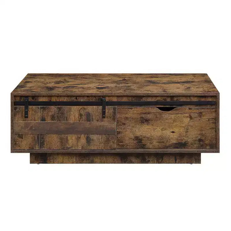 Royal Hampton 47 Inch Rustic Oak Coffee Table, Sliding Barn Door, Single Drawer