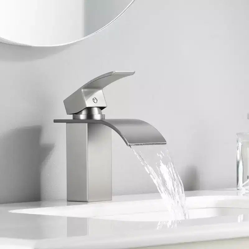 SUMERAIN Modern Bathroom Sink Faucet, Waterfall Spout Single Handle Lavatory Faucet Brushed Nickel