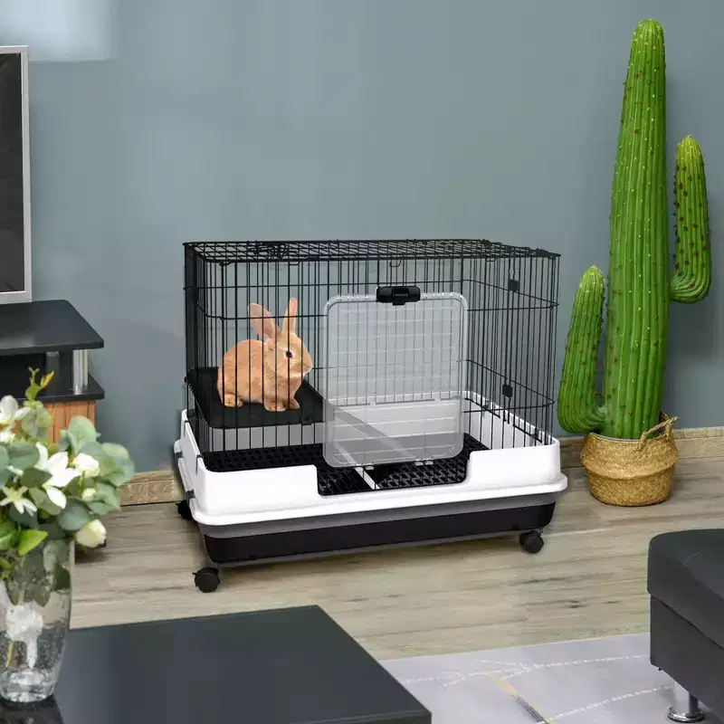 PawHut 2-Level Small Animal Cage Rabbit Hutch with Wheels, Removable Tray, Platform and Ramp for Bunny, Chinchillas