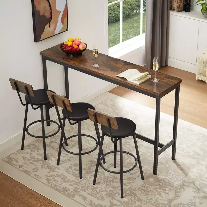 JVNOXK 63-inch Long Bar Table and Chair Set, Includes 3 PU Padded Bar Stools, Industrial Style, Suitable for Living Rooms ,Dark Brown