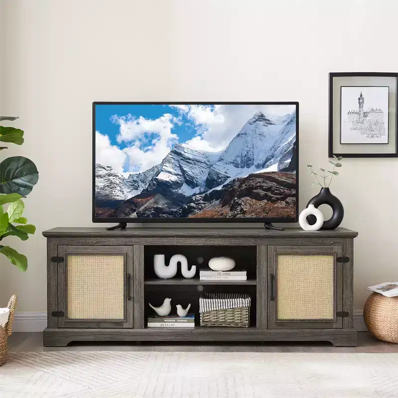 Farmhouse TV Stand for Screens up to 70 Inches - 2 Open Shelves, 2 Rattan Doors, MDF