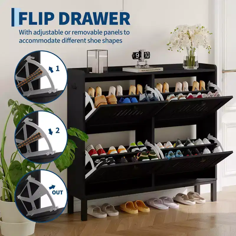Shoe Storage Cabinet, Shoe Organizer - Modern 4-Door Flip-Up Design with Adjustable Shelves, Space-Saving for Entryway, Hallway & Living Room