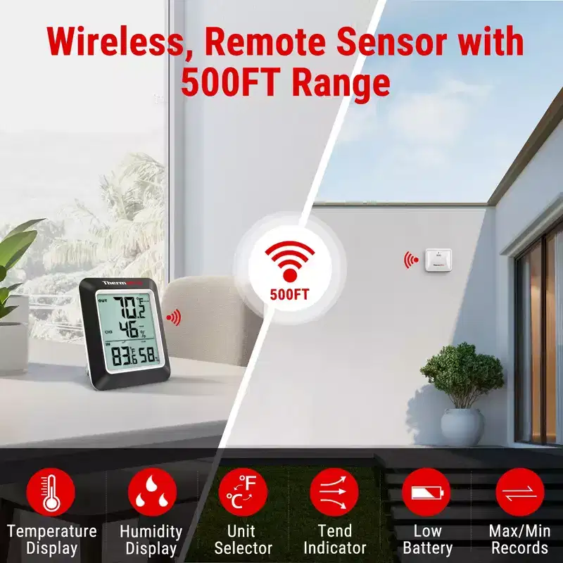 ThermoPro TP60SW Digital Hygrometer Indoor Outdoor Thermometer Wireless Temperature and Humidity Gauge Monitor Room Thermometer