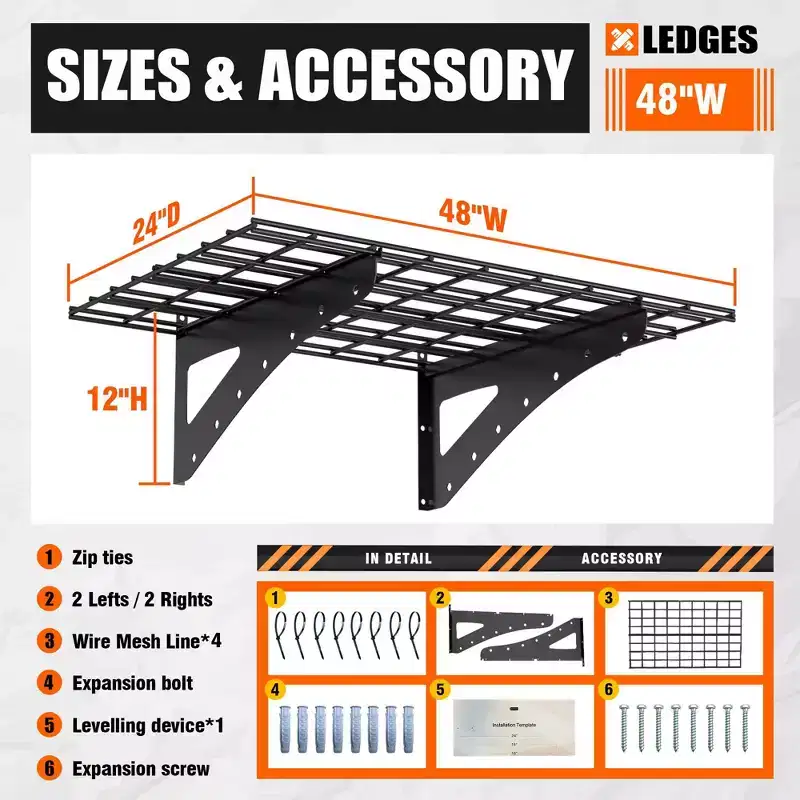 2-Piece Set Of 24 x 48 Inch Black Wall Mounted Wall Shelves For Heavy-Duty Wall Shelves In Garages And Supermarket Storage Shelves