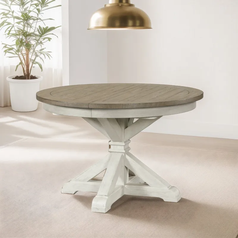 Roundhill Furniture Harola 5-Piece Dining Set, Round Pedestal Dining Table with 18 Leaf, 4 Side Chairs
