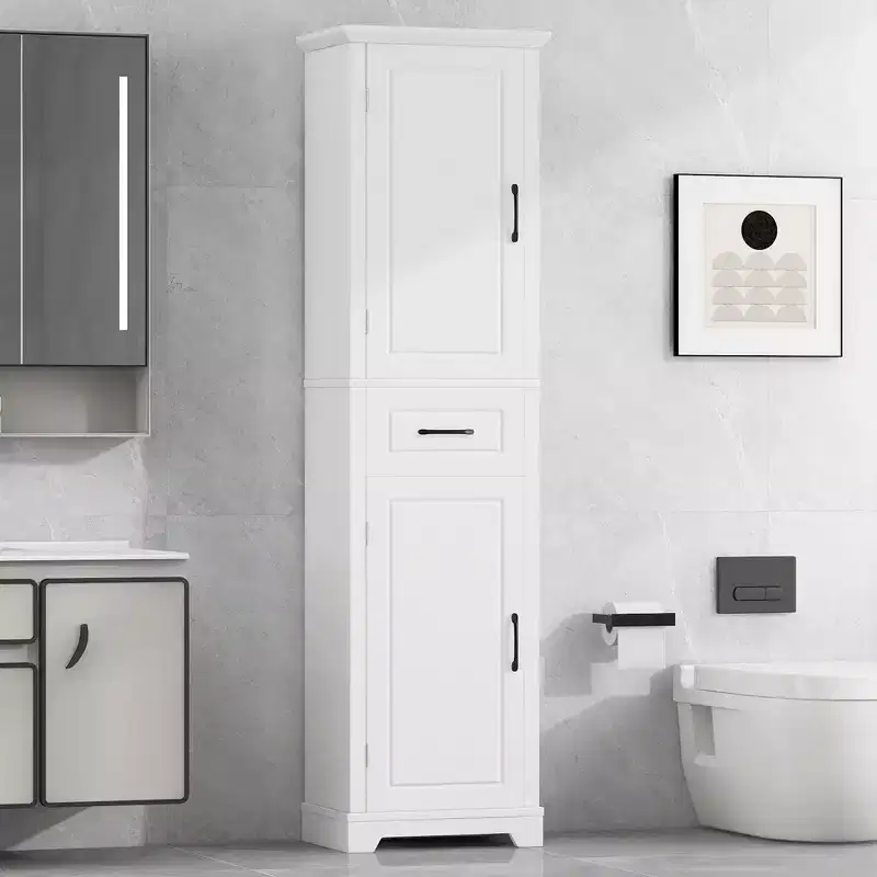 Bathroom Tall Storage Cabinet, Floor Freestanding Storage Cabinet with 2 Doors, One Drawer and Adjustable Shelf