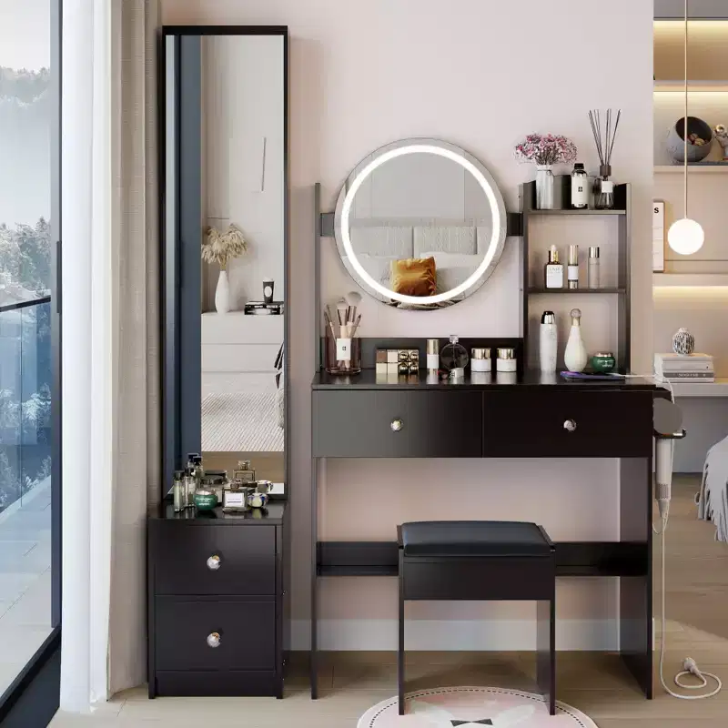 Mirror Makeup Vanity Desk with Cushioned Stool,Smart White Vanity Table with Round Mirror, 17 Inch LED Mirror, Vanity Set Touch Control