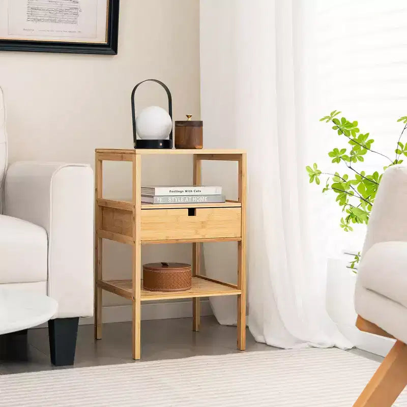 Costway Bamboo Nightstands Set of 2 w/ Pull-out Drawer and Storage Shelf Wood Natural