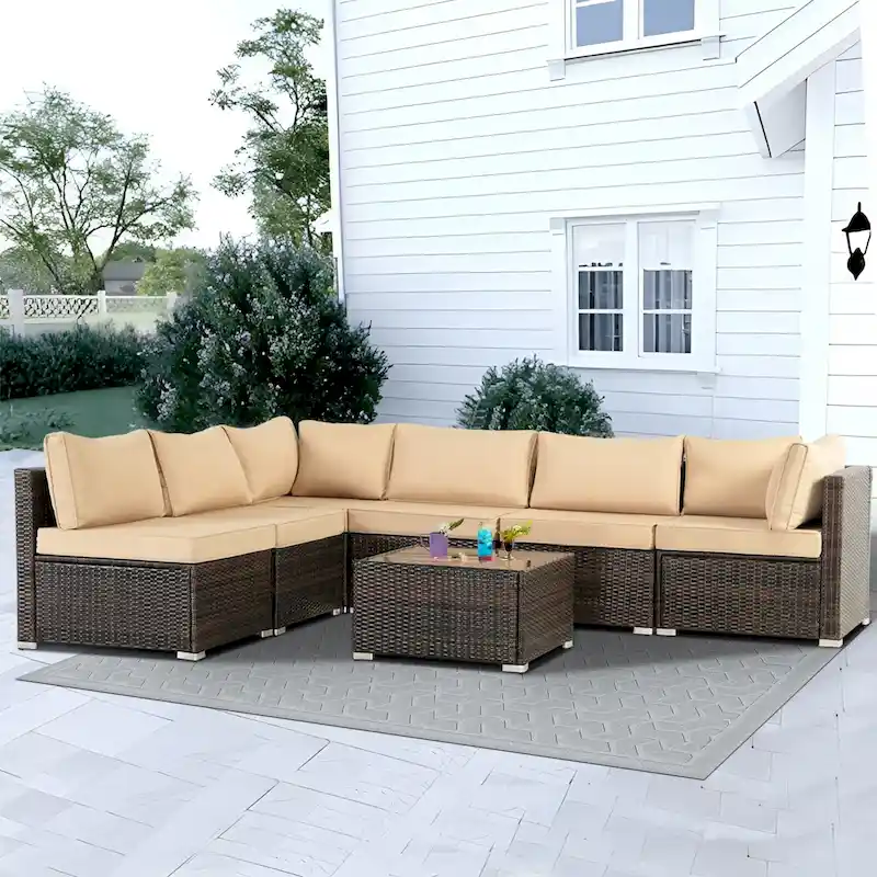 7-piece Brown Patio Wicker Sofa Furniture Set, 6 Sofas, 1 Table