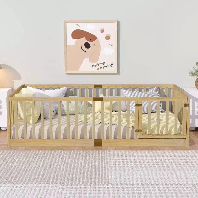 Clihome Rubber Wood Floor Bed with High Fence Guardrails & Door (Includes 6 Slats)