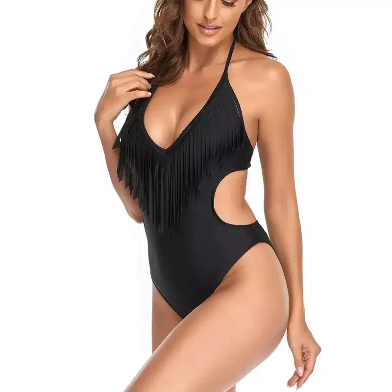 Halter Neck Fringe Trim Cut Out One Piece Swimsuit