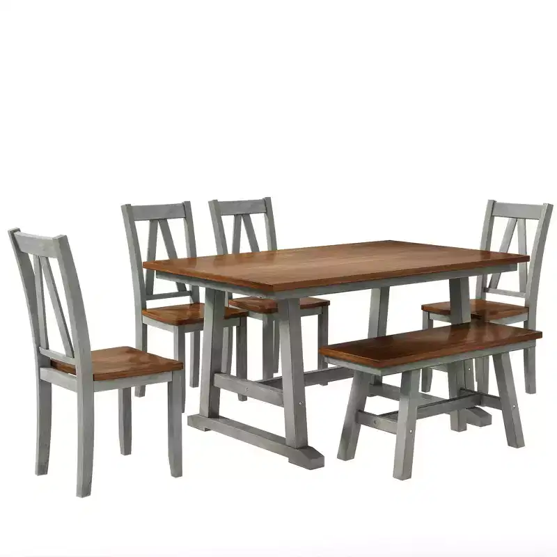 Farmhouse 6-Piece Wood Dining Table Set with Long Bench and 4 Dining Chairs-ModernLuxe