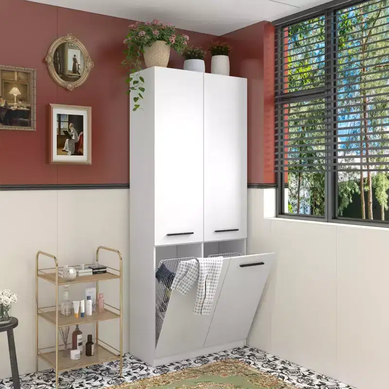 Modern White Bathroom Storage Unit with Lower-level Laundry Hamper