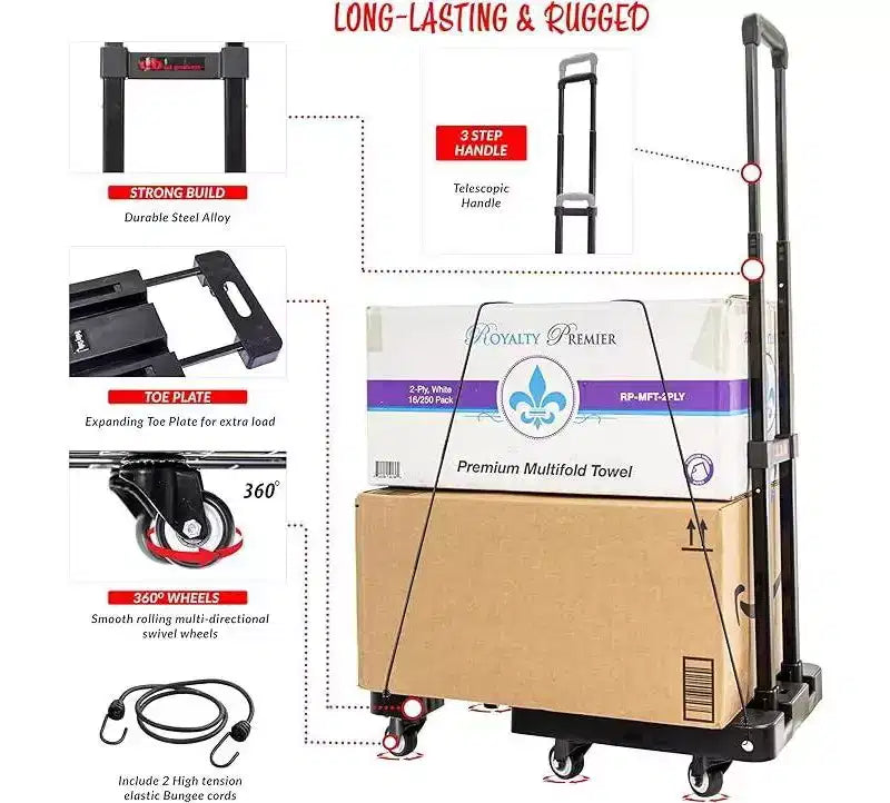 dbest products Trolley Dolly Platform Cart 6-Wheel Folding Hand Truck With Telescoping Handle & Expandable Toe Plate - Includes 2 Bungee Chords