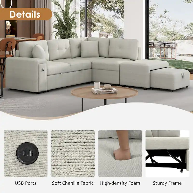 L-Shaped 4-Seat Sectional Sofa with Pull-Out Bed, Ottoman, USB Ports & Drop-Down Table