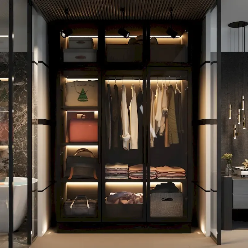 Armoire de rangement avec éclairage LED et portes entièrement vitrées, style dressing.
