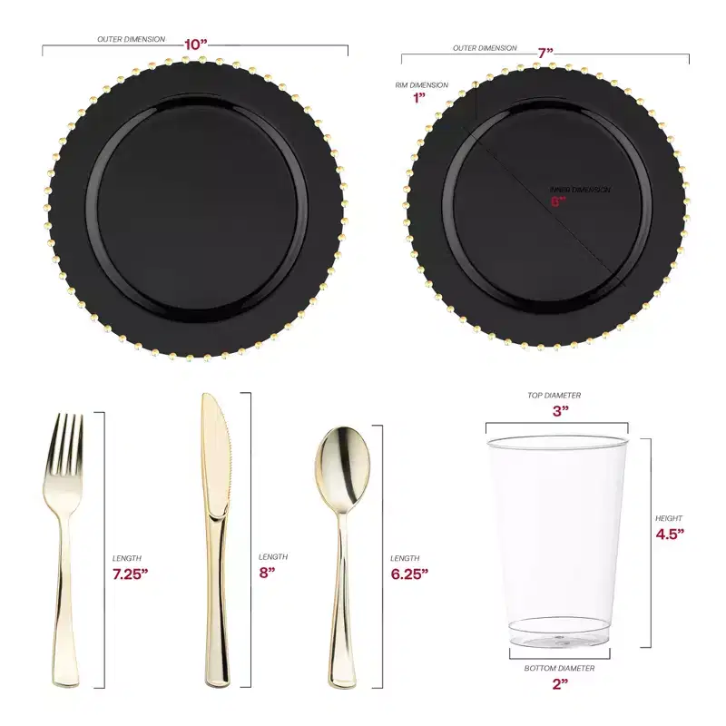 Smarty Had A Party Black w/ Gold Pearl String Round Plastic Wedding Set - 30 Sets