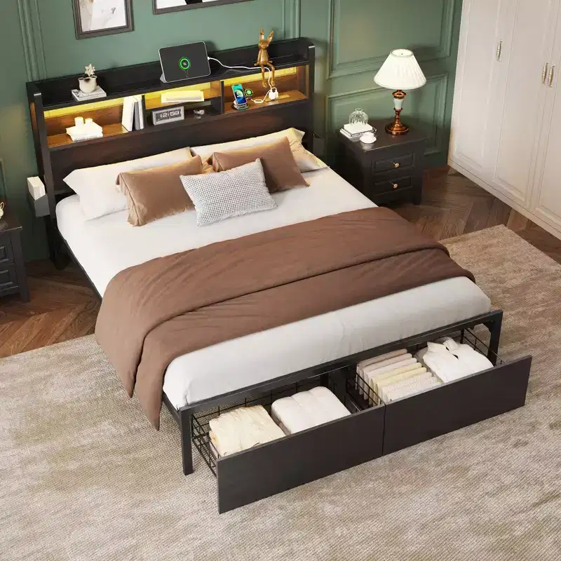 Queen Size Platform Bed Frame With 2 Storage Drawers Wood Headboard Shelf LED Lights Charging Station Black Metal Support No Box Spring Needed Home