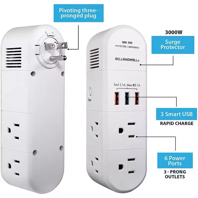 Bell + Howell Swivel Power Strip with 6 Outlets, 3 USB Ports, 180-Degree Rotation and Surge Protection