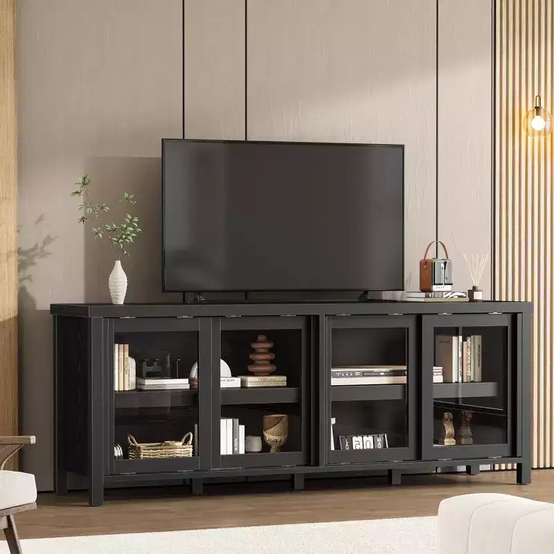 TV Stand for 65-Inch TVs with Entertainment Center - Storage Cabinet, 4 Sliding Glass Doors, Mid-Century Modern Media Console