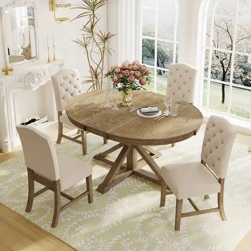 Natural Wood Wash Retro 5-Piece Wooden Dining Table Set with Extendable Round Table & 4 Chairs