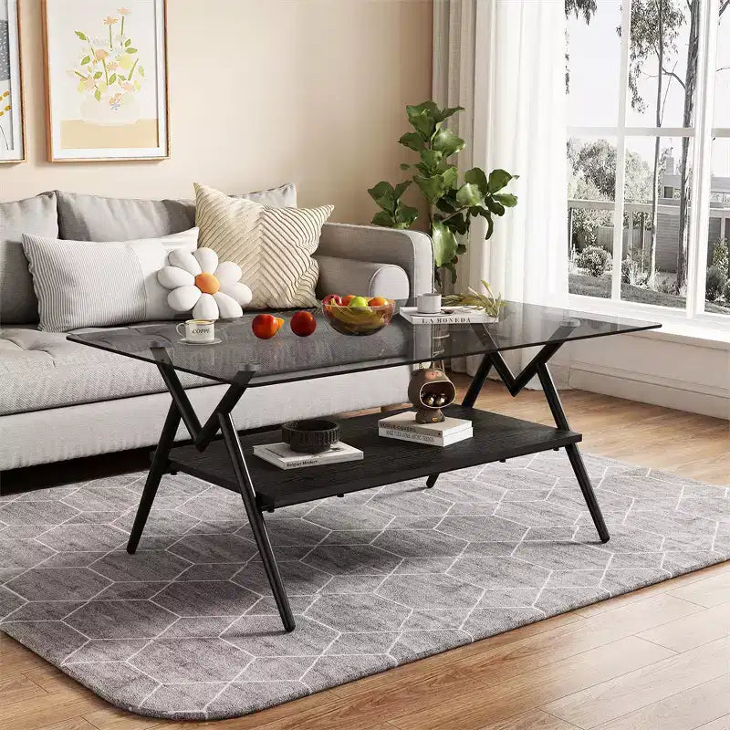 Modern Glass Coffee Table, Rectangular Tempered Top, Black Metal Legs, Easy Assembly, for Living Room, Office, or Contemporary Spaces