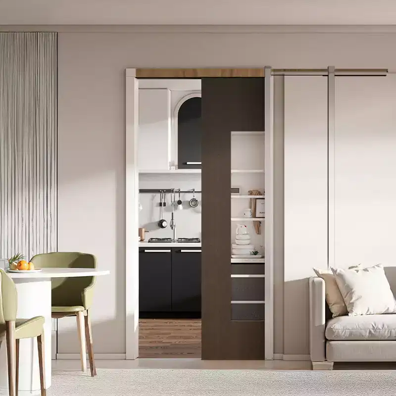 VEVOR Pocket Door Frame Kit, for 24-32 in Wide 80 in High Door, Pocket Door Kit with Two-Way Soft Close Mechanism, Slide Smoothly Quietly,Brown+Silver
