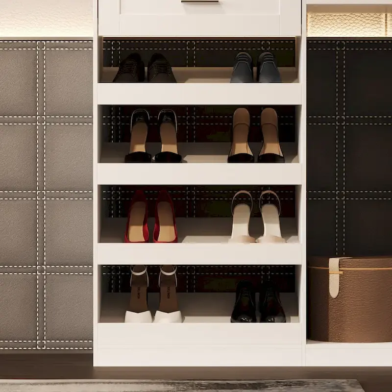 Armoire d'angle avec 2 tringles, un porte-pantalons et un meuble de rangement pour chaussures