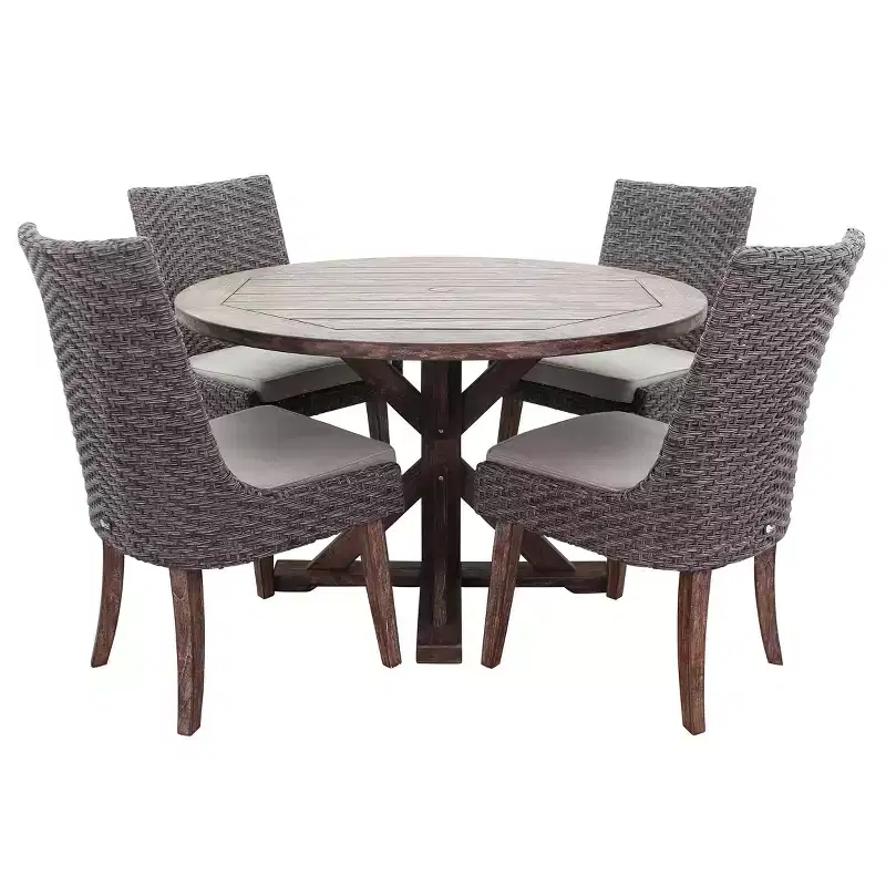 Courtyard Casual Bermuda FSC Teak 5 pc 48 Flag Leg FSC Teak Dining Set Includes one 48 Round Dining Table and four Dining Chairs