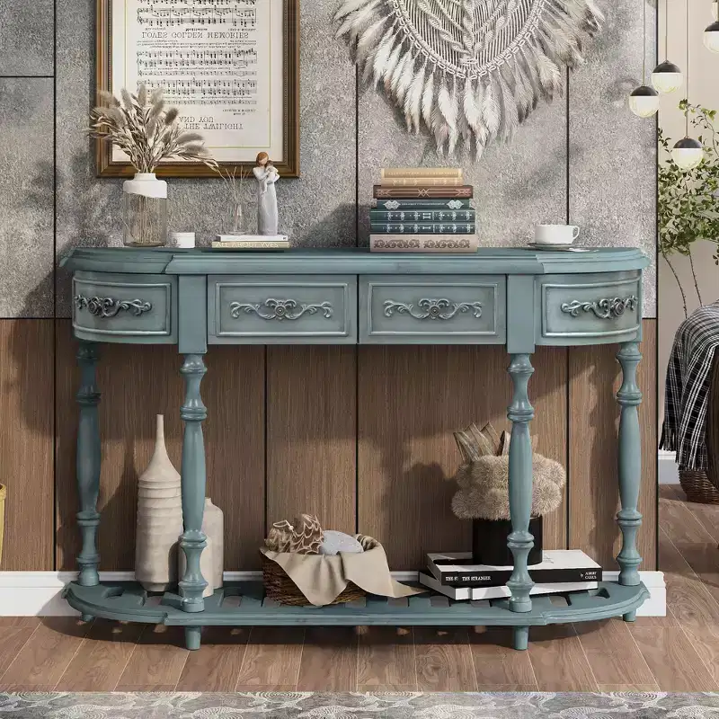 52'' Classic Curved Console Table with 4 Drawers and Lower Shelf, Solid Wood Entryway Table with Ample Storage for Hallway, Living Room