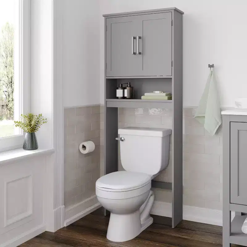 Over the Toilet Bathroom Storage Cabinet Organizer with Magnetic Closure Doors, Adjustable Cabinet Shelf, and Open Lower Shelf