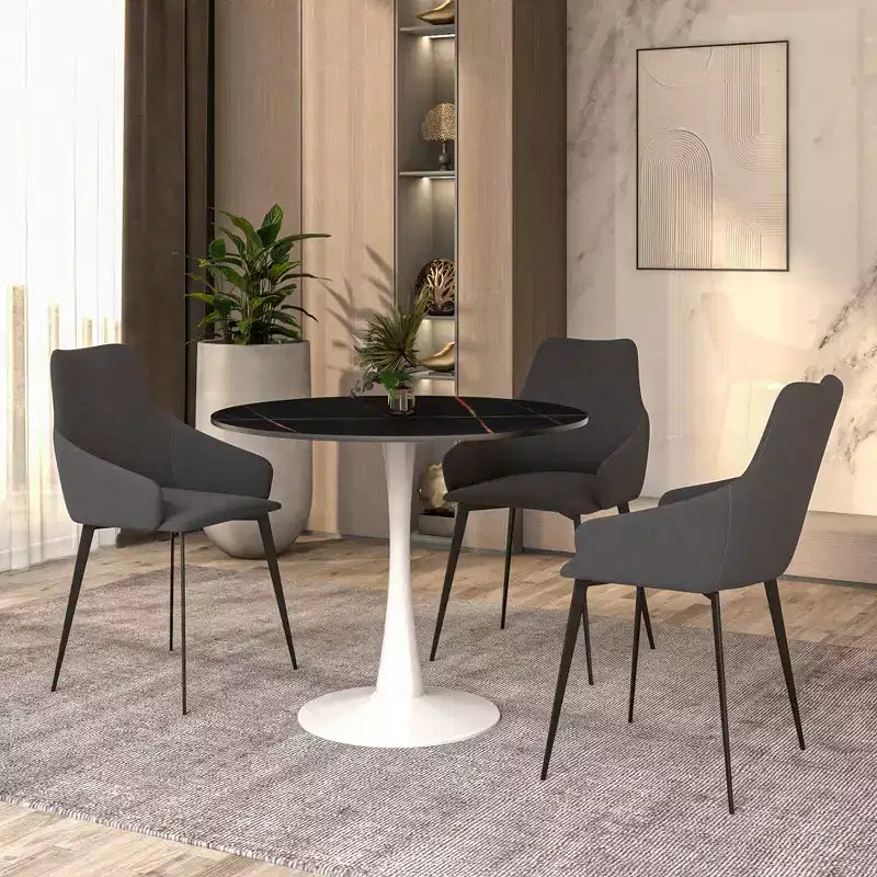 LeisureMod Bristol 31 Round Dining Table  Sintered Stone Top Accent Caf Table & Sturdy Steel White Pedestal Base for Kitchen and Small Spaces
