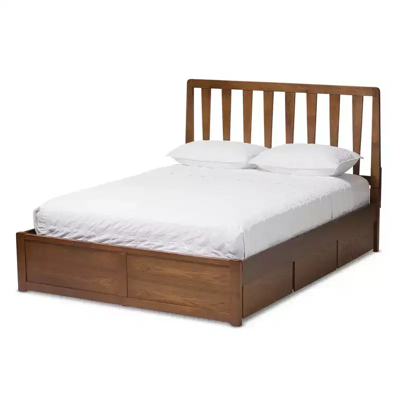 Queen Walnut Storage Platform Bed – 6 Under-Bed Drawers, Slatted Headboard, No Box Spring