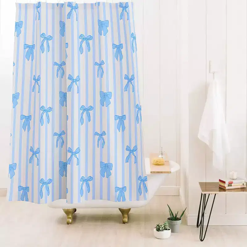 Deny Designs Showmemars Elegant Blue Bows and Striped Shower Curtain