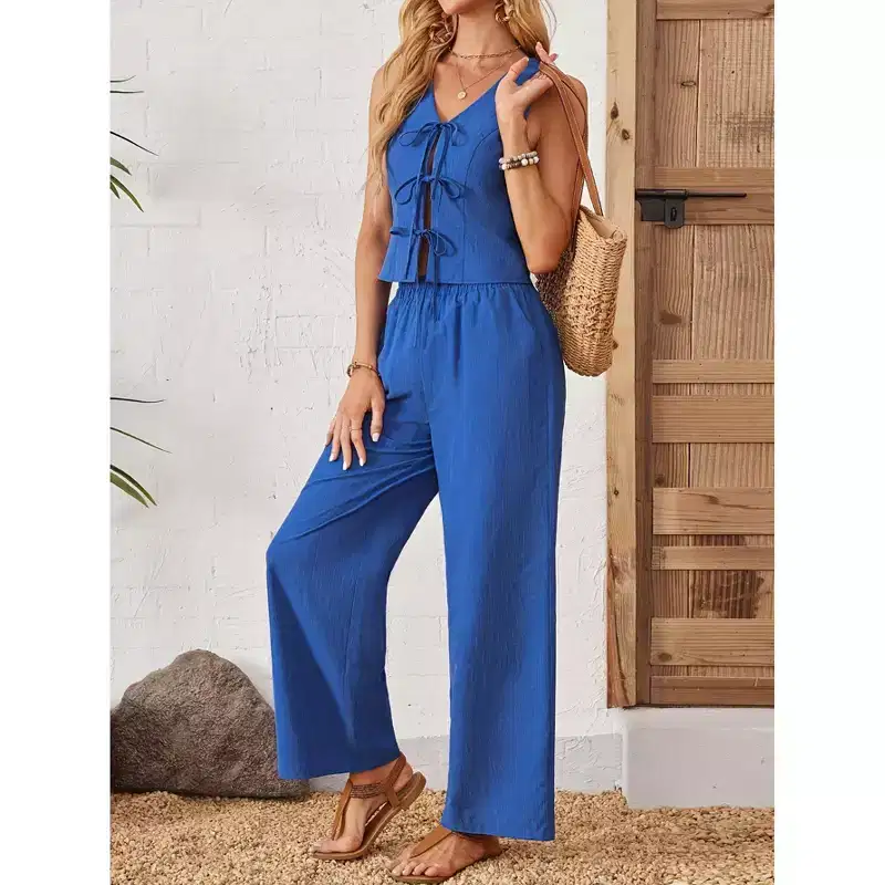 Women Two Piece SetsOutfits Lounge Sets Cap Sleeve Tops Wide Leg Crop Pants Vacation Travel Outfits