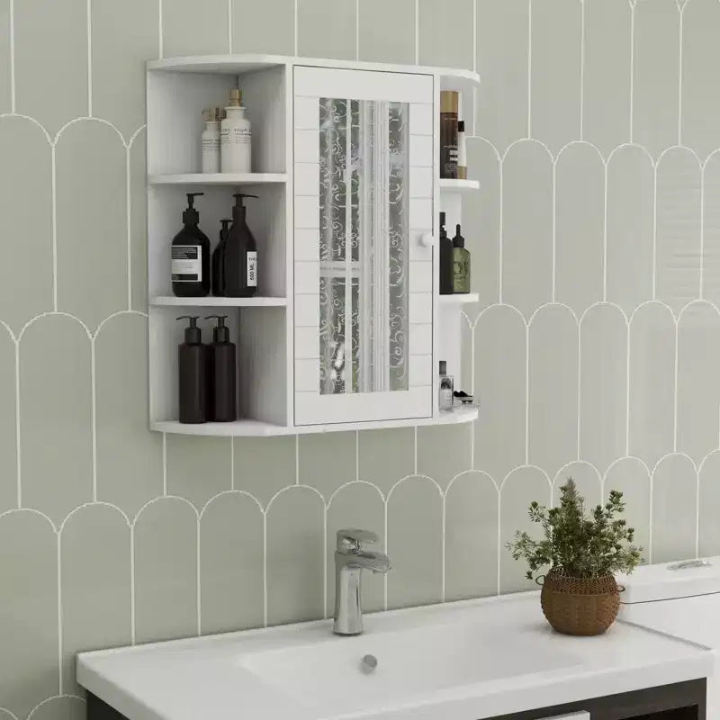 Wall-Mounted Bathroom Mirror Cabinet with Adjustable Shelves, 6 Open Shelves & Large Storage for Bathroom and Laundry Room