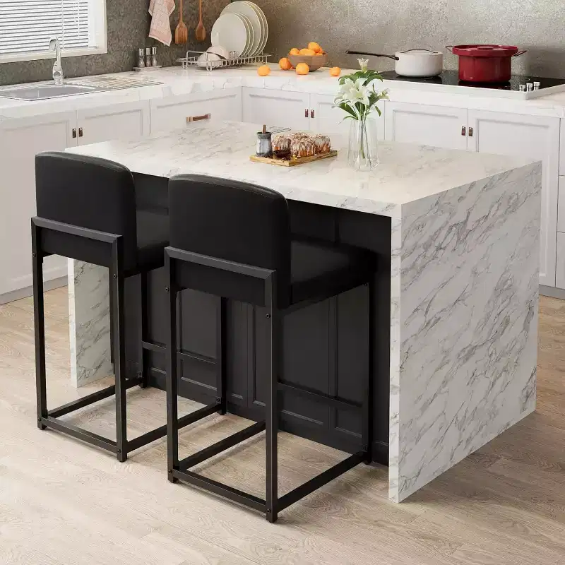 Counter Height 24.8 PU Leather Bar Stools with Back, Modern Upholstered Island Chairs with Metal Legs for Kitchen Island, Bar, Counter