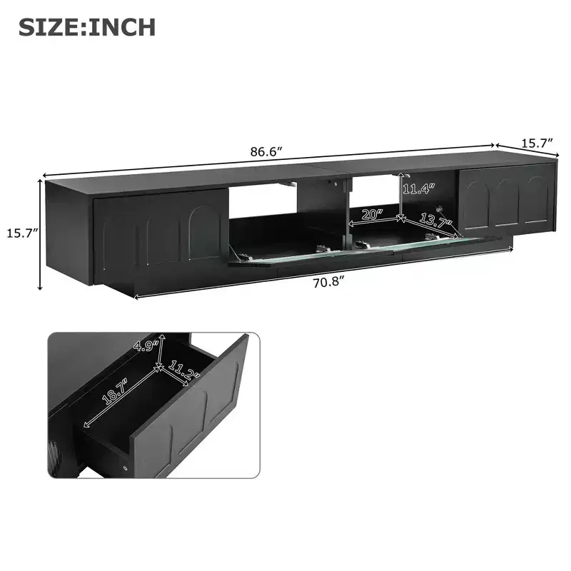 JVNOXK Tempered glass door TV cabinet with grooves, suitable for TVs up to 95 inches, functional media console, suitable for living rooms, Black