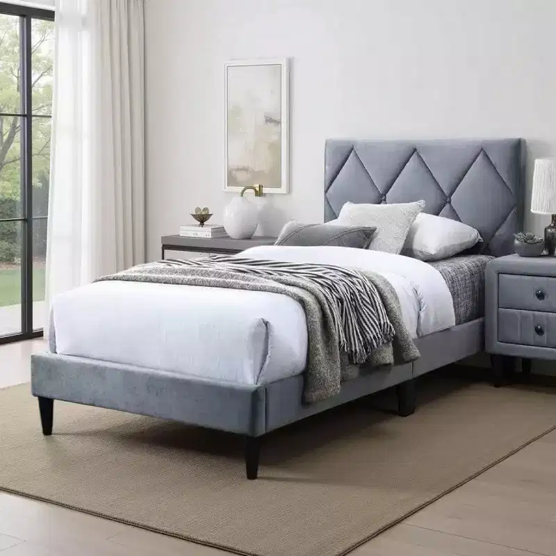 Royal Hampton Full Size Bed, Tufted Gray Velvet Upholstery, Diamond Stitch